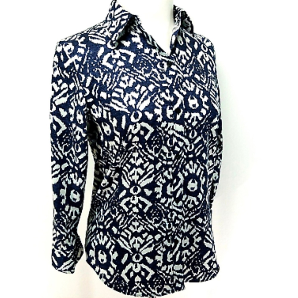 Lauren Ralph Lauren No-Iron Button Down Blouse Blue Ikat Print Sz XXS - Picture 6 of 13